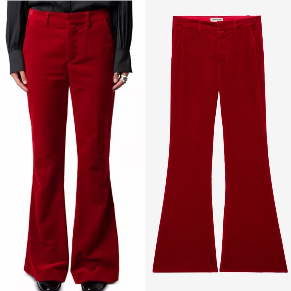 Zadig & Voltaire Prevy Velvet Flared Trousers in Red Size 40 Large - Picture 2 of 14